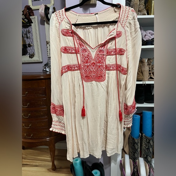 Free People Tops - Free People Cream short dress with orange/red embroidery.